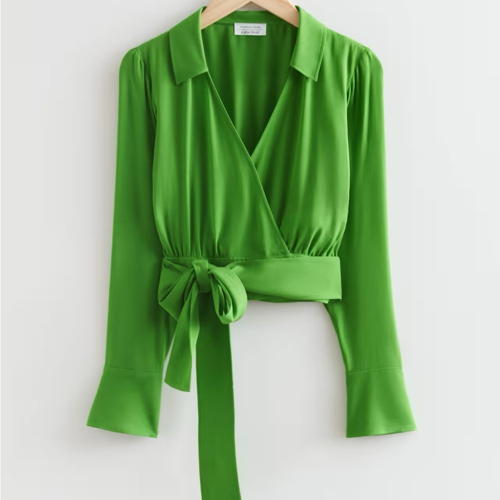 Women’s Green Wrap Blouse with Tie Waist
